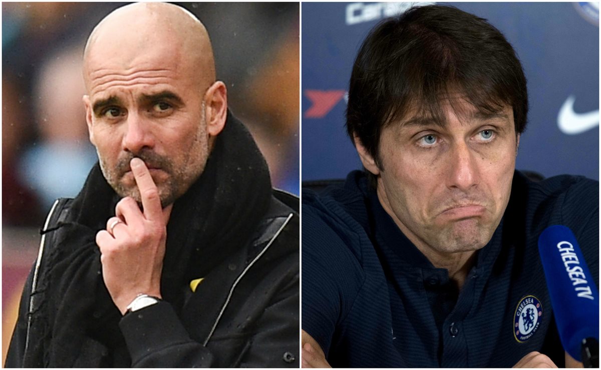 Pep Guardiola y Antonio Conte, técnicos del Manchester City y Chelsea, respectivamente. (Foto Prensa Libre: AFP)