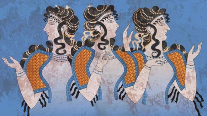 Mujeres de la cultura minoica, en frescos hallados en el palacio de Knossos, en Creta. El nuevo estudio comprueba que los minoicos estás estrechamente relacionados con sus sucesores, los micénicos. GETTY IMAGES