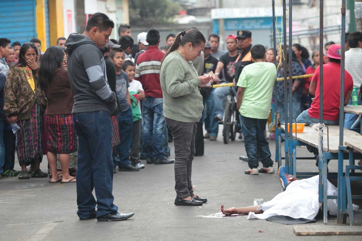 Familiares y vecinos observa el lugar donde quedó muerto Juan Leonel Jigua Ventura, de 16 años, en la 5a. avenida y 25 calle, la Comunidad, zona 10, Mixco (Foto Prensa Libre: Erick Ávila)