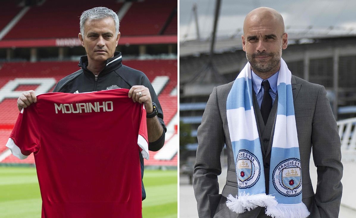 José Mourinho con el Manchester United y Pep Guardiola con el Manchester City, se enfrentan este sábado en el clásico de la ciudad en la Liga Premier Inglesa. (Foto Prensa Libre: AFP)