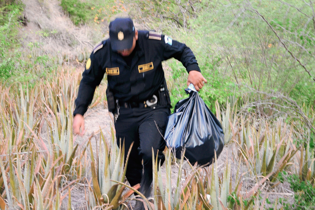 Un agente de la Policía traslada las partes de la osamenta. (Foto Prensa Libre: Héctor Contreras)