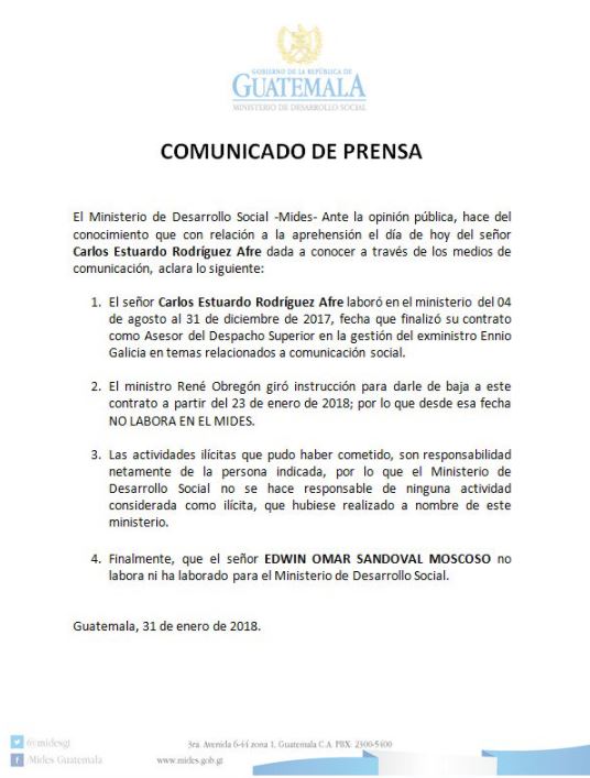 El Ministerio de Desarrollo asegura que desde hace siete días le dieron de baja al contrato del asesor. (Foto Prensa Libre: Mides)