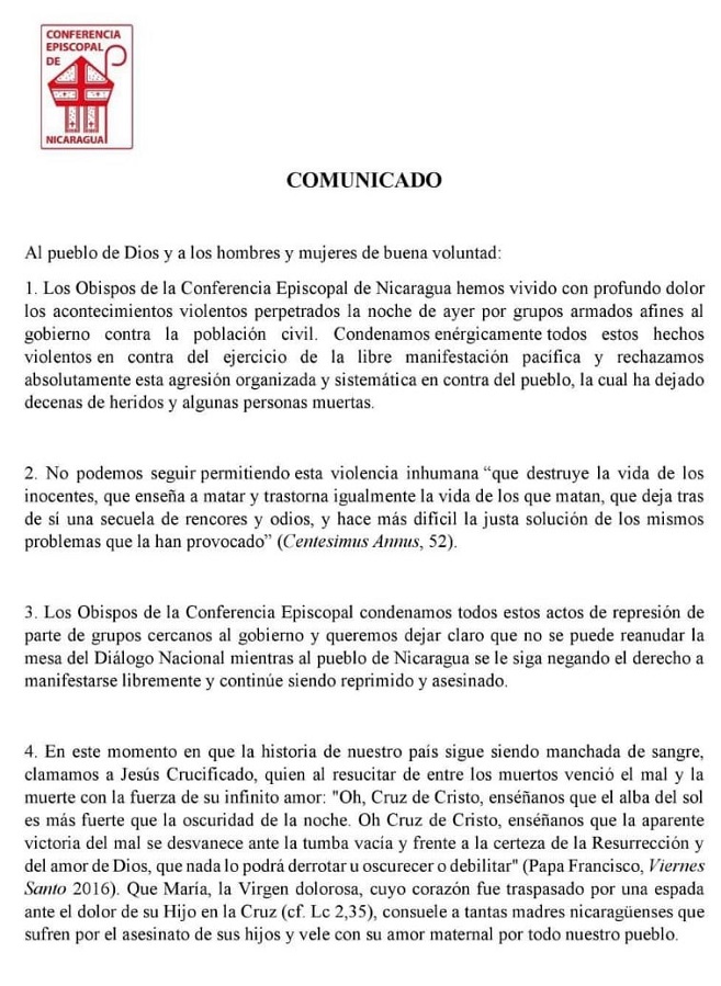 Este es el comunicado emitido por la Conferencia Episcopal en el que anuncia la suspensión del diálogo con el Gobierno. (Foto Prensa Libre: CEN)