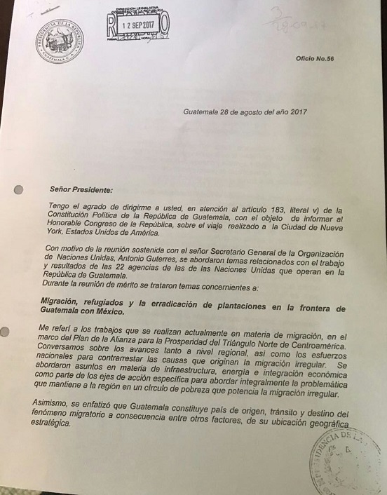 Informe de la Presidencia sobre el último viaje del mandatario Jimmy Morales a la ONU. (Foto Prensa Libre: Cortesía La Red)