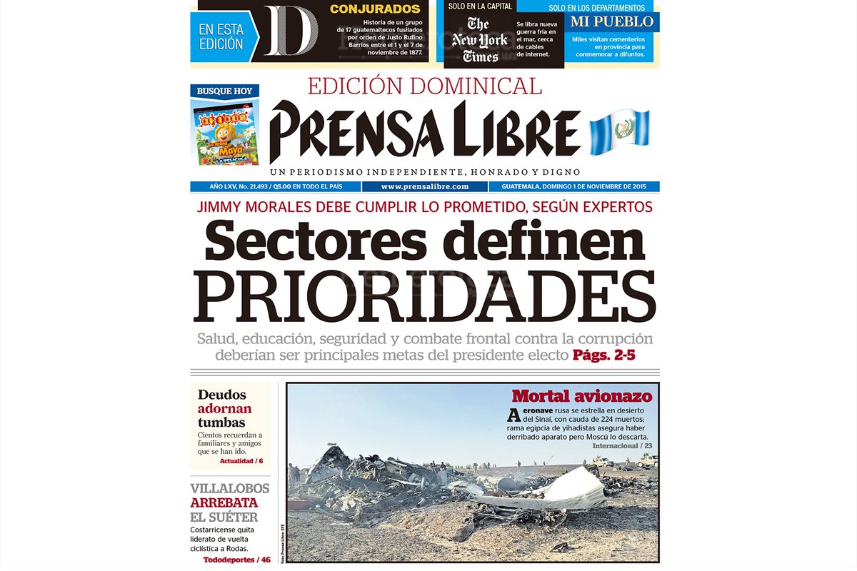 Portada de Prensa Libre del 01/11/2015, avión ruso se estrella en desierto del Sinai?, con cauda de 224 muertos. (Foto: Hemeroteca PL)