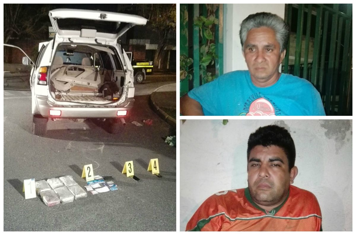 Imagen de los paquetes de cocaína y los dos capturados por transportarla. (Foto Prensa Libre: PNC)