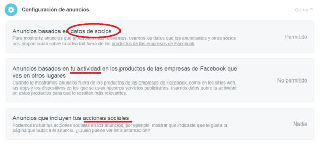 Los socios de la red social le dan información sobre tu actividad dentro y fuera de ella... si quieres.