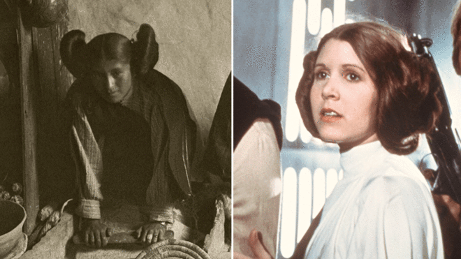 El peinado de dos rollos a lado y lado caracterizó el personaje de la princesa Leia interpretado por Carrie Fisher se ha vuelto tan icónico como las películas mismas. ¿Pudieron haber tenido su origen en los estilos de las indígenas hopi (izq.) de Arizona, EE.UU.? SCIENCE PHOTO LIBRARY / AP