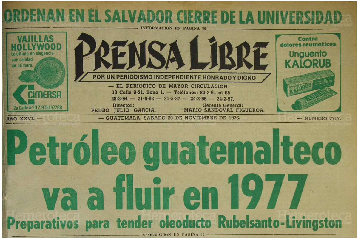 Portada de Prensa Libre del 20/11/1976 sobre oleoducto de Rubelsanto.(Foto: Hemeroteca PL)