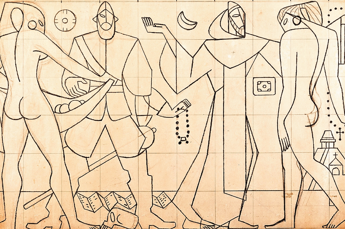 Boceto para el mural occidental La Conquista en la Municipalidad capitalina.