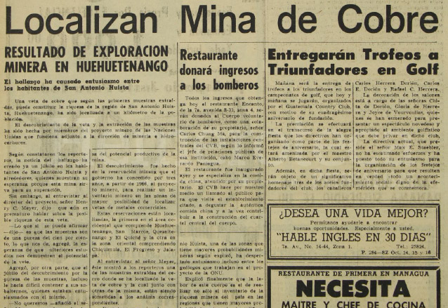 Nota del 16 de octubre de 1968 informando sobre el hallazgo minero en San Antonio Huista. (Foto: Hemeroteca PL)