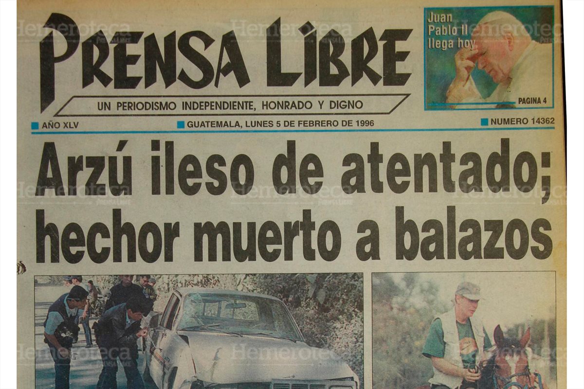 Portada de Prensa Libre del 5/1/1996 daba a conocer sobre un posible atentado en contra del presidente Álvaro Arzú, (Foto: Hemmeroteca PL)