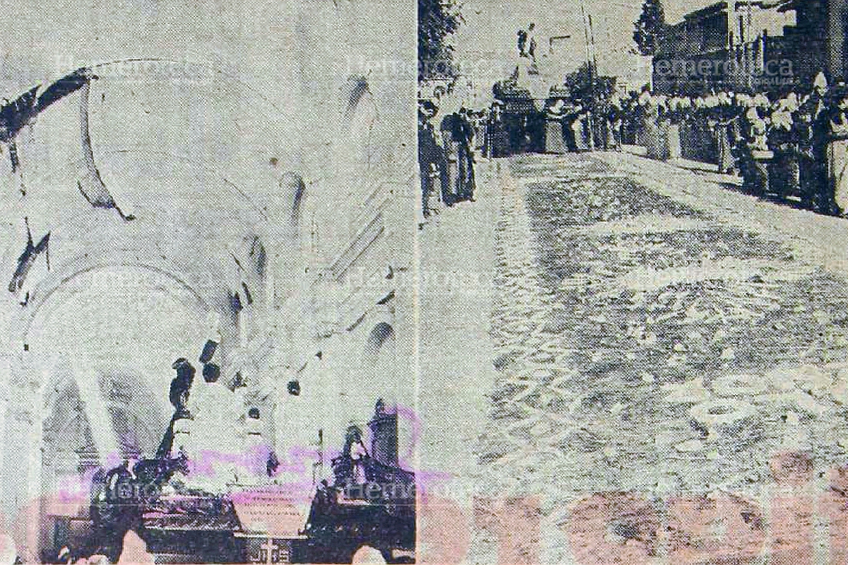 Izquierda, procesión de Jesús del Consuelo de la Recolección, antes de salir del templo dañado. Derecha, Alfombra realizada al paso de la procesión. 1976. Foto: Hemeroteca PL