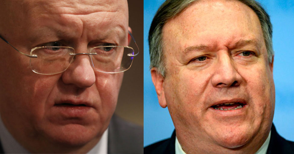 Vasily Nebenzya de Rusia y Mike Pompeo de EE.UU se enfrentaron en el Consejo de Seguridad de la ONU. Foto:Getty