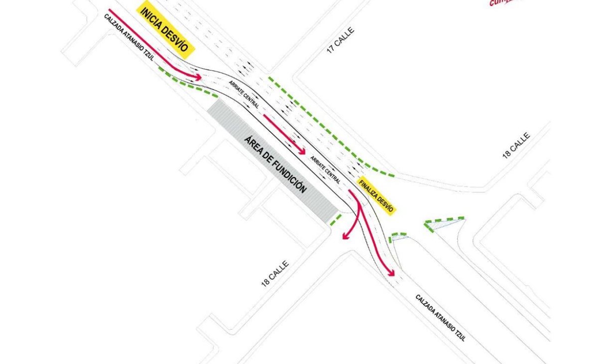 El mapa divulgado por la Municipalidad de Guatemala presenta el cambio de vías que se efectúa a partir de este sábado 29 en la calzada Atanasio Tzul. En diciembre habrá cambio en otras calles. (Foto, Prensa Libre: Municipalidad de Guatemala)