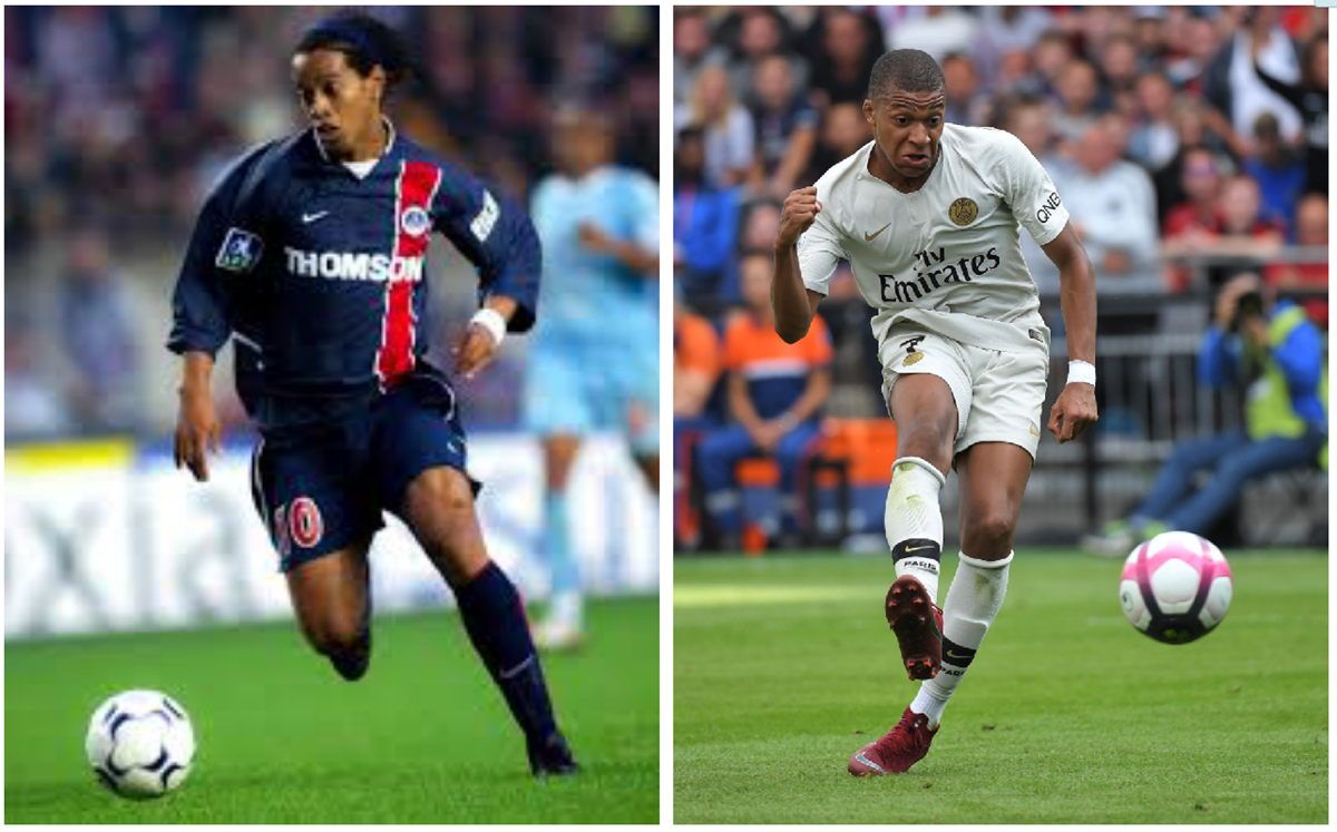 Ronaldinho, uno de los mejores jugadores de la historia del futbol, marcó un gol hace 15 años, que comparan con el realizado por Mbappé. Ambos con el PSG. (Foto Prensa Libre: AFP e internet)