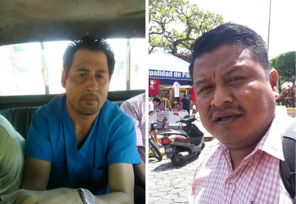 El médico Ángel Raciel Vásquez Reyes (izquierda) y el concejal Héctor Obdulio Hernández Sarat, capturados en Patulul. (Foto Prensa Libre: Melvin Popá)