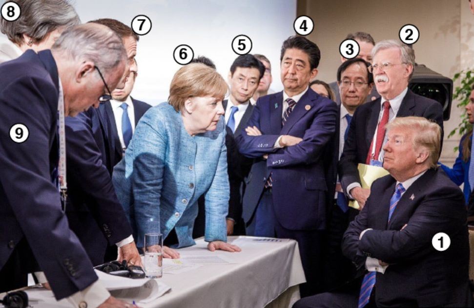 Una fotografía publicada en la cuenta de Instagram de la canciller alemana, Angela Merkel, da cuenta de la tensión existente en la Cumbre del G7. (Foto Prensa Libre: Instagram @bundeskanzlerin)