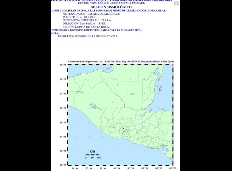 El sismo de magnitud 4.1 se sintió a las 14.52 horas con epicentro en Santa Rosa. (Foto Prensa Libre: Insivumeh)