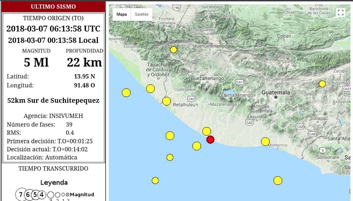 Sismo de 5 grados fue sensible en varios departamentos. (Foto Prensa Libre: INSIVUMEH)