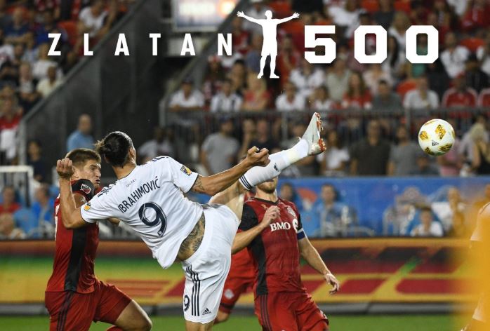 El delantero sueco llegó a los 500 goles en su carrera al anotar con el Galaxy de los Ángeles. (Foto Galaxy).