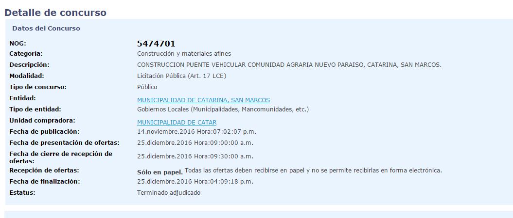 Concurso en Guatecompras de la adjudicación de la construcción de puente, el 25 de diciembre. (Foto Prensa Libre: Guatecompras)