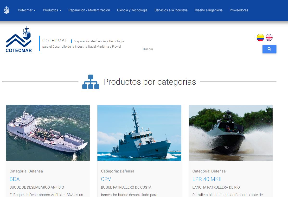 En su sitio web, la empresa colombiana Cotecmar promociona sus modelos de buques.