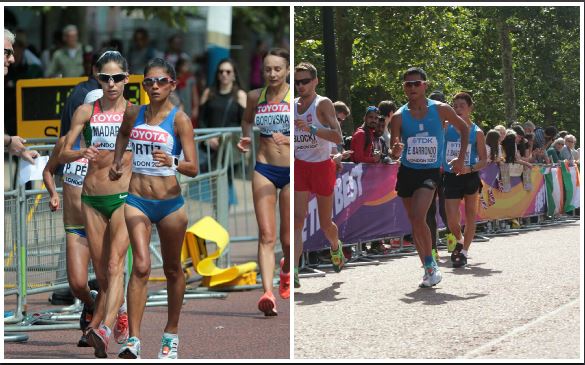 Mirna Ortiz, Érick y José Barrondo durante en el circuito The Mall en Londres, durante la prueba femenina y masculina respectivamente de los 20 kilómetros del Mundial de Marcha. (Foto Prensa Libre: Norvin Mendoza)