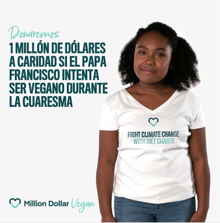 La activista Genesis Butler, de 12 años, es la portavoz de la campaña Million Dollar Vegan para pedirle al Papa  que sea vegano durante la Cuaresma. (Foto Prensa Libre, tomada de Million Dollar Vegan)