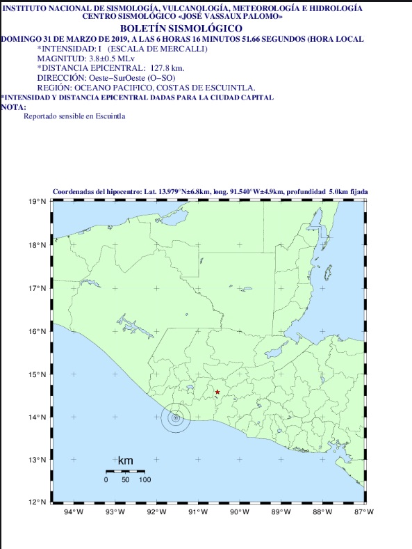 Un temblor de 3.9 grados fue sensible en gran parte del territorio nacional este 31 de marzo del 2019. (Foto Prensa Libre: Insivumeh)