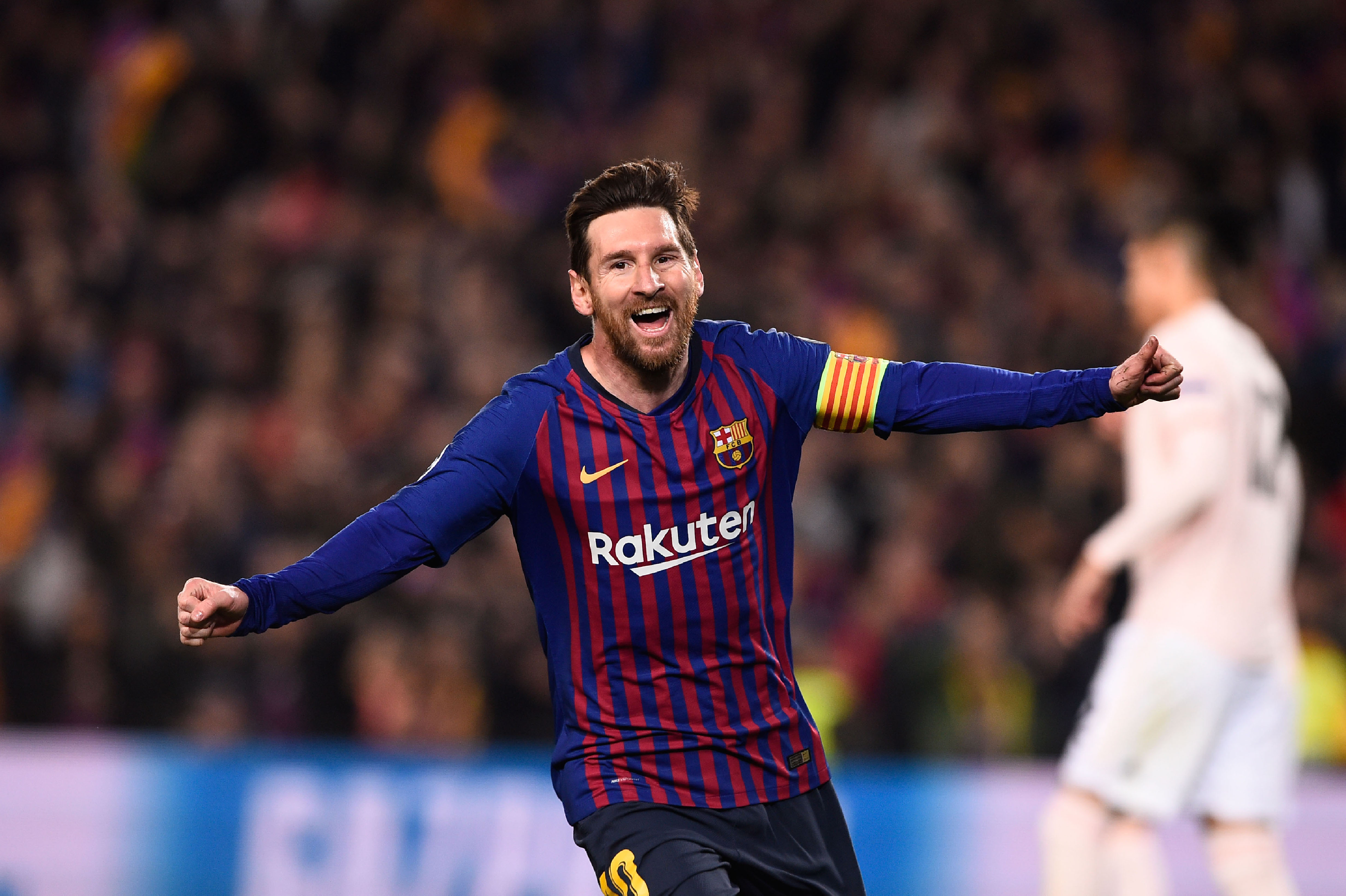 Lionel Messi celebra durante la victoria del Barcelona contra el Manchester United. (Foto Prensa Libre: AFP)