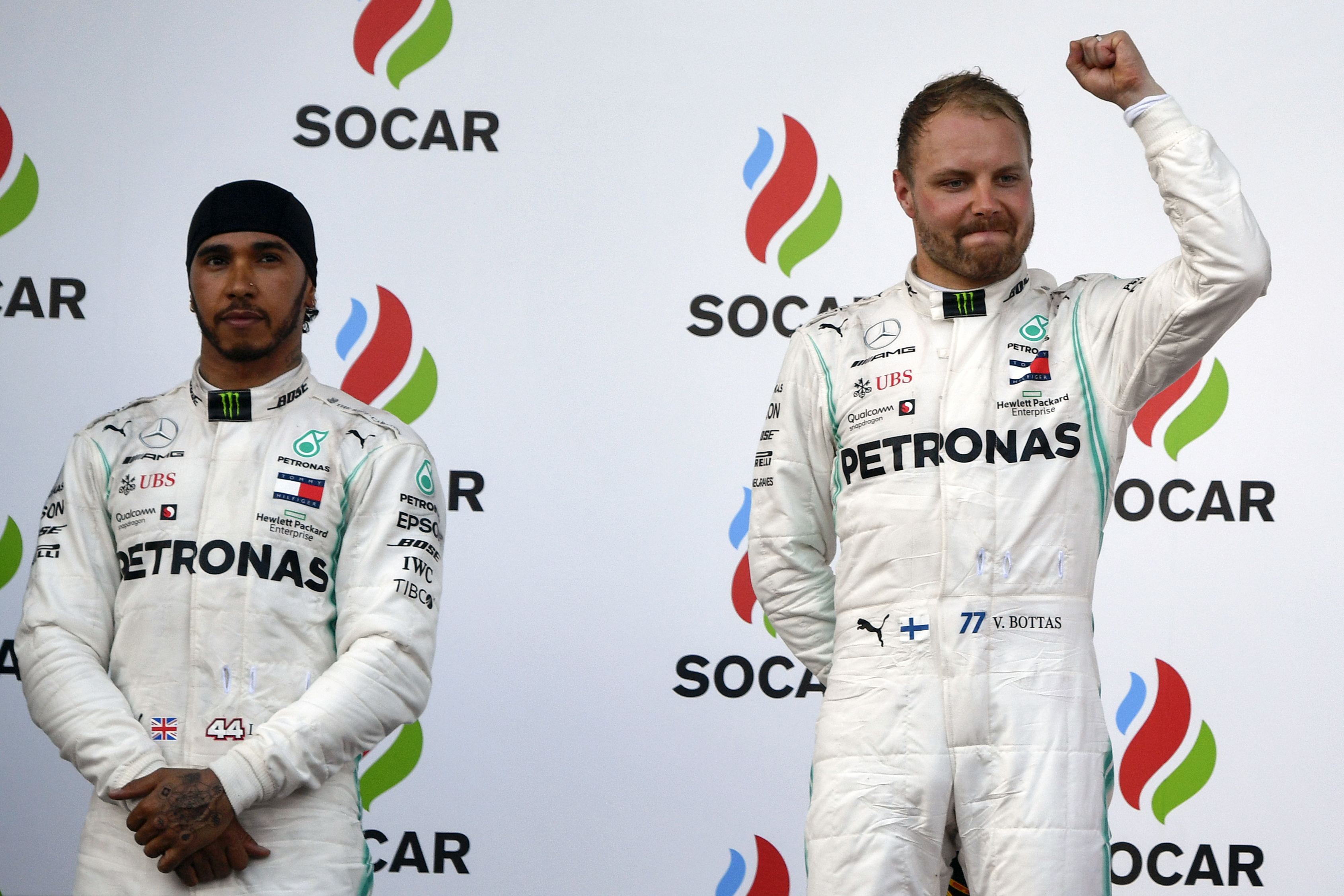 Valtteri Bottas celebra después de ganar el Gran Premio de Azerbayan. (Foto Prensa Libre: AFP)