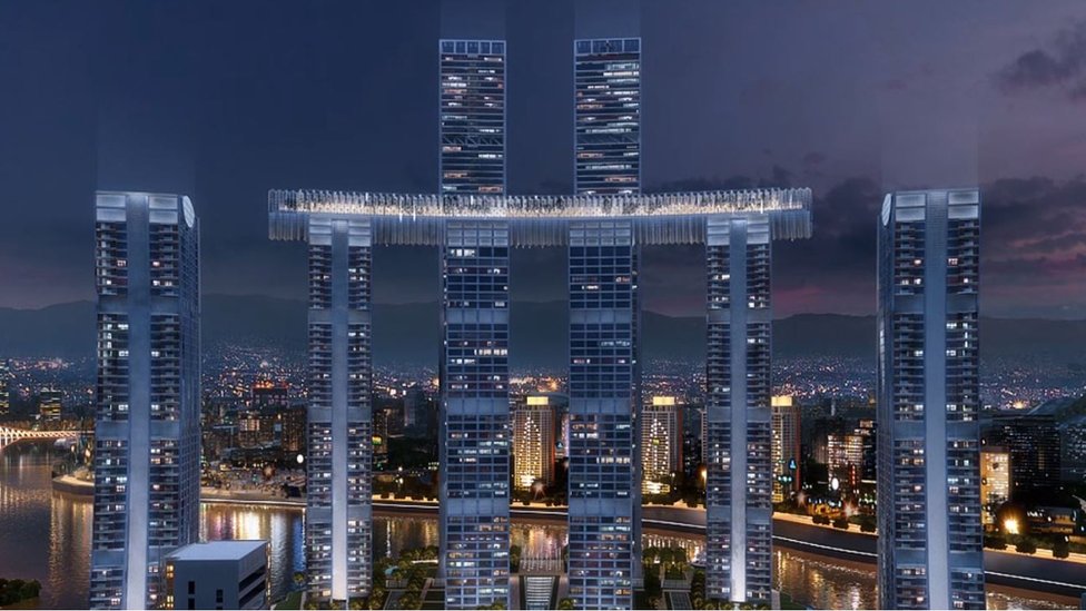 Con una iluminación que promete ser espectacular, el conjunto de edificios cambió el 'skyline' de la ciudad de Chongqing.