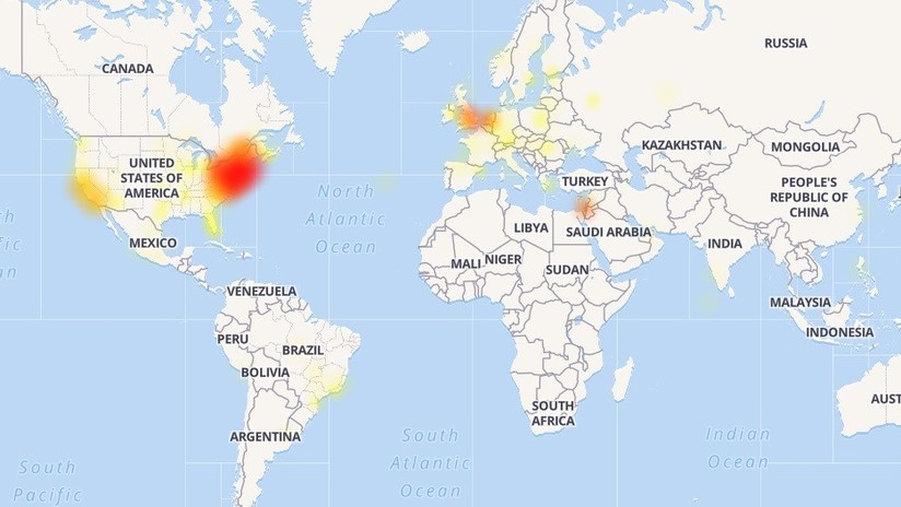 Mapa de la caída de Google. Foto Prensa Libre/Downdetector.com