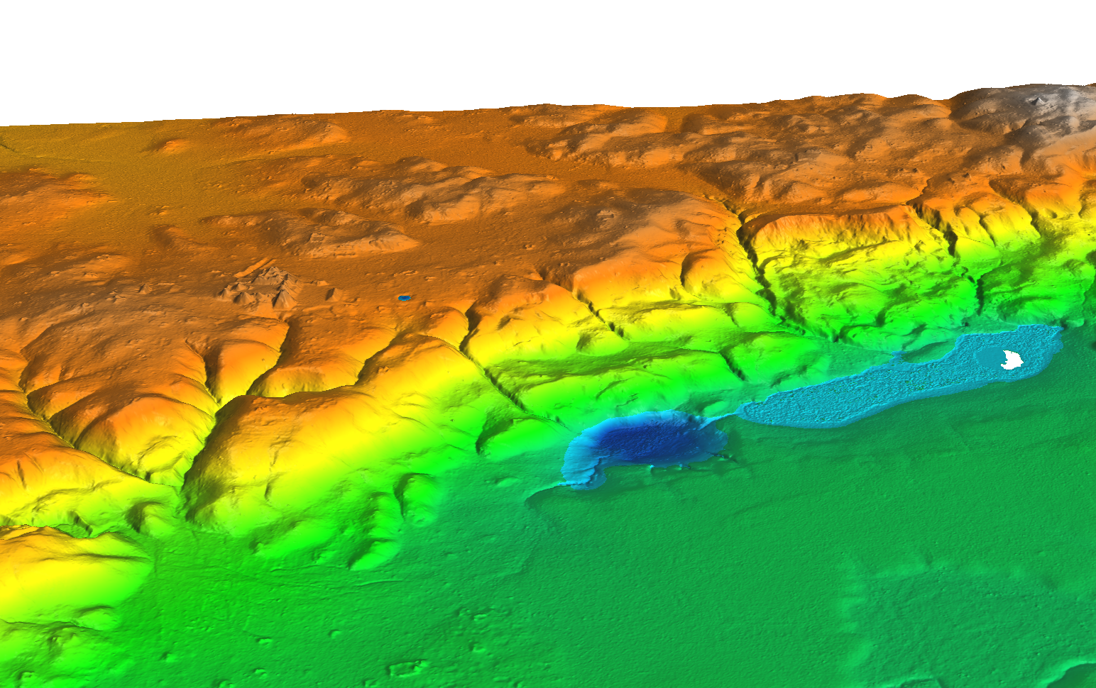 Vista de la antigua ciudad de Witzna escaneada con tecnología LiDAR, que muestra el centro ceremonial y la laguna de Ek’Naab, de donde se tomaron muestras paleoambientales. (Foto Prensa Libre: Francisco Estrada-Belli)