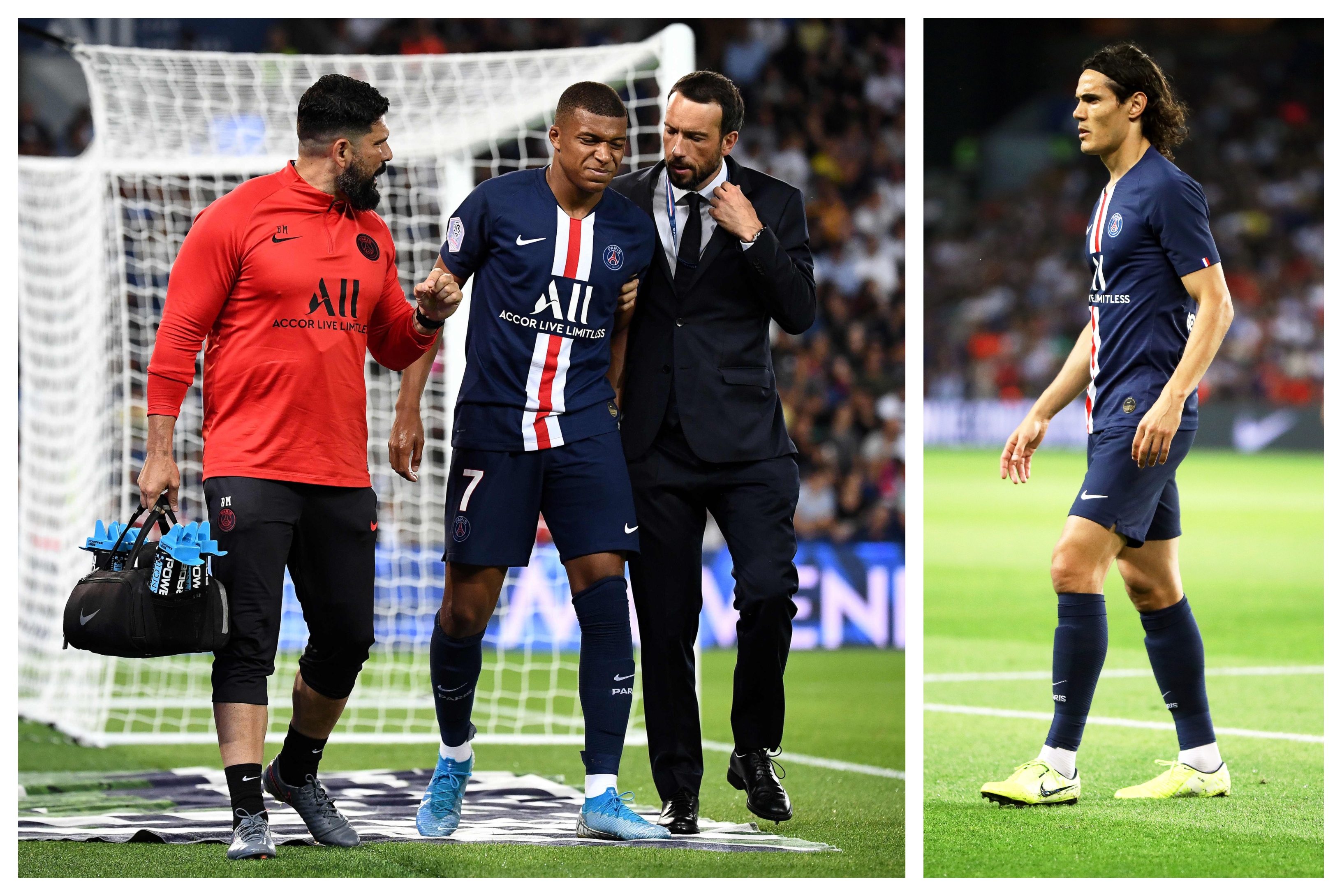 Kylian Mbappé y Edinson Cavani no pudieron terminar el partido en el Parque de Los Príncipes. (Foto Prensa Libre: EFE)