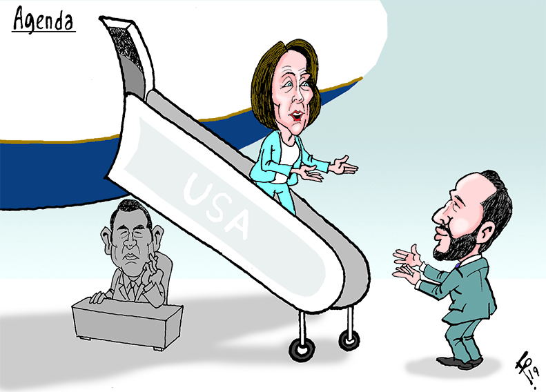 Personajes: Jimmy Morales, Nancy Pelosi y Nayib Bukele.