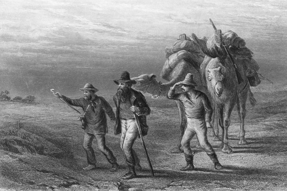 Robert Burke, William Wills y John King llegando a Cooper's Creek en 1861.