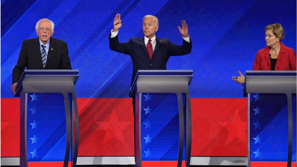 En esta ronda de debates, participaron tres de los precandidatos html5-dom-document-internal-entity1-quot-endestrellahtml5-dom-document-internal-entity1-quot-end: Bernie Sanders (izquierda), el exvicepresidente Joe Biden (centro) y Elizabeth Warren.Getty Images