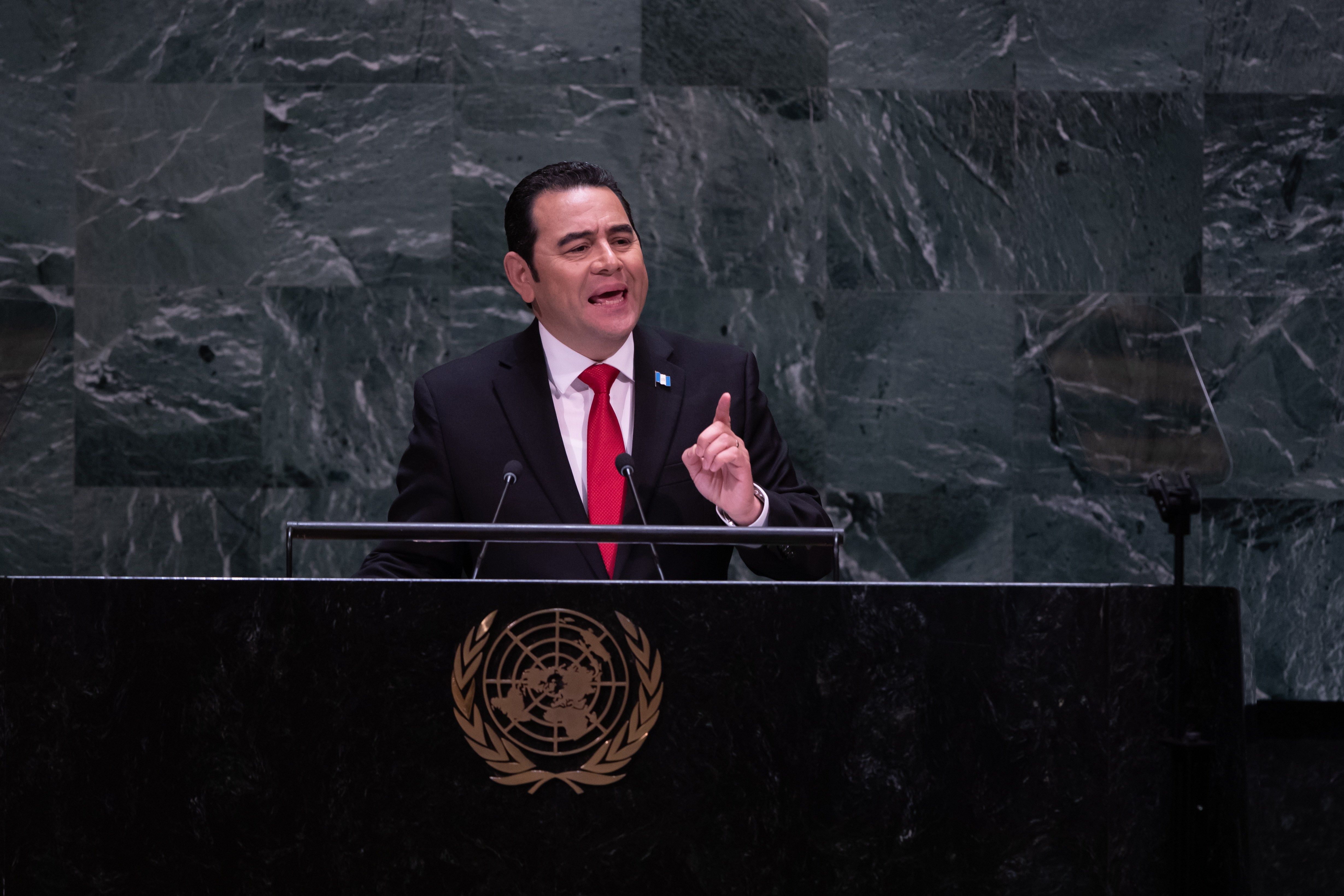 Jimmy Morales se dirige a la 74 Asamblea de la ONU. (Foto Prensa Libre: AFP)