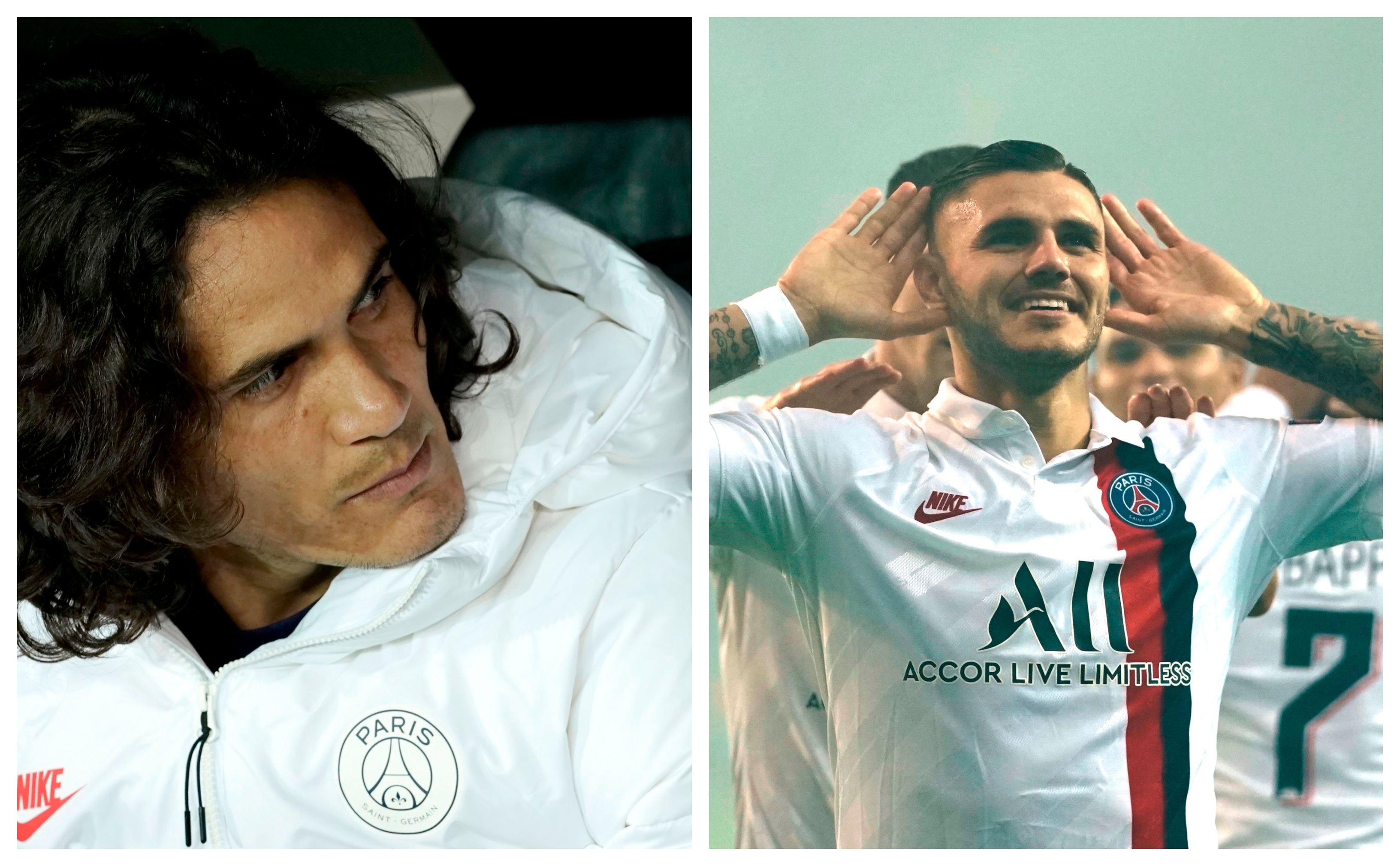 Edinson Cavani y Mauro Icardi, jugadores del París Saint-Germain. (Foto Prensa Libre: AFP)