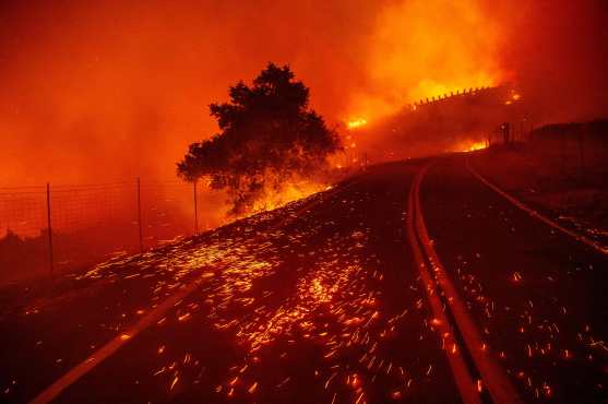 Las brasas soplan en una carretera mientras el viento azota el área durante el incendio de Kincade cerca de Geyserville, California.  (Foto Prensa Libre: AFP)