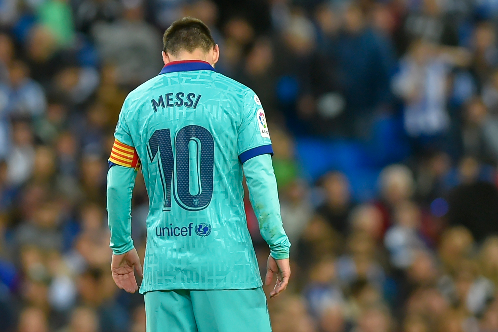 El delantero argentino de Barcelona, Lionel Messi, durante el partido entre la Real Sociedad y el FC Barcelona. (Foto Prensa Libre: AFP)