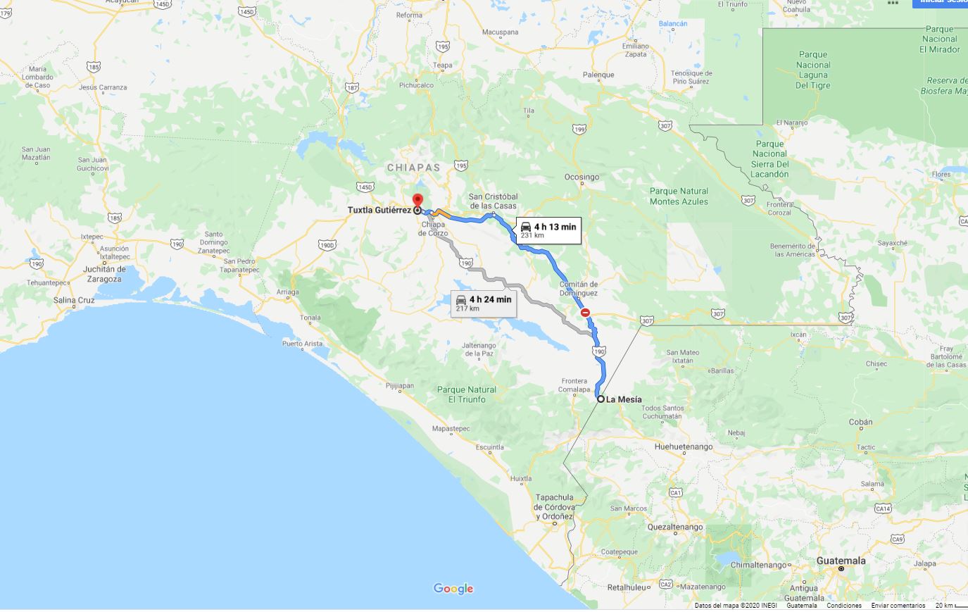 Tuxtla Gutiérrez se encuentra a 231 km de Mesía, frontera con Guatemala en Huehuetenango. (Foto Prensa Libre: Google Maps)