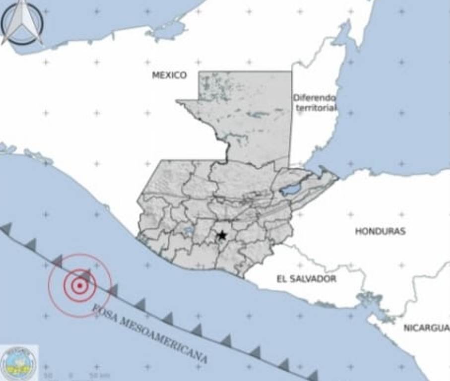 Ubicación del epicentro del temblor, reportado por el Insivumeh.