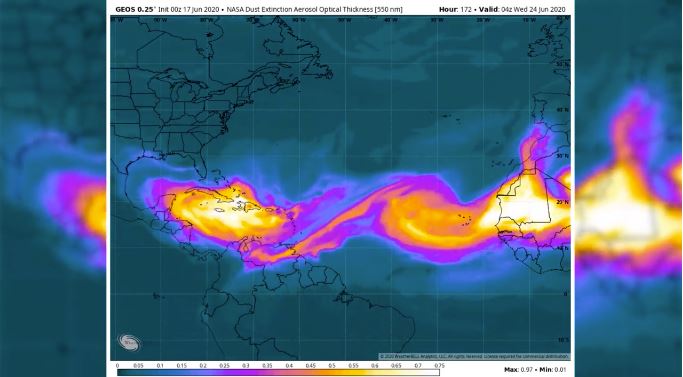 Pronóstico del recorrido que hace el polvo del Sahara que cruza el Atlántico y Caribe hasta llegar a América. (Foto Prensa Libre: Servicio Meteorológico Nacional)