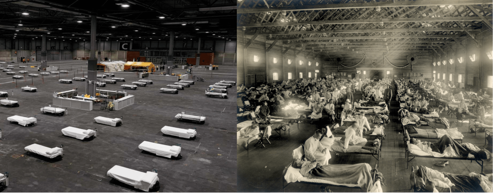 A la izquierda, hospital de campaña instalado en IFEMA, Madrid, que recibió pacientes de COVID-19 entre el 21 de marzo y el 1 de mayo de 2020. A la derecha, hospital de emergencia instalado en Camp Funston, Kansas, en 1918.
RTVE / Otis Historical Archives