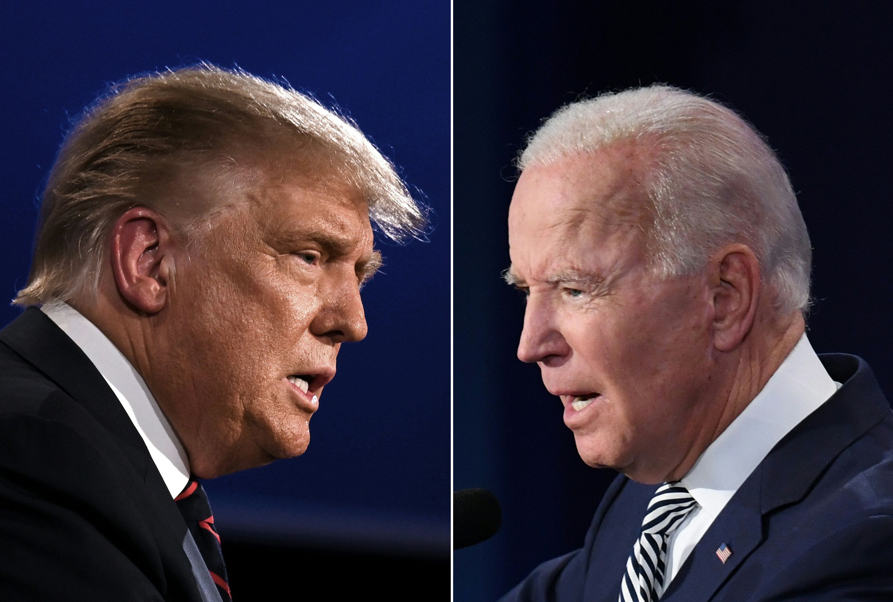 Donald Trump y el candidato demócrata Joe Biden durante el primer debate presidencial el 29 de septiembre. (Foto Prensa Libre: AFP)