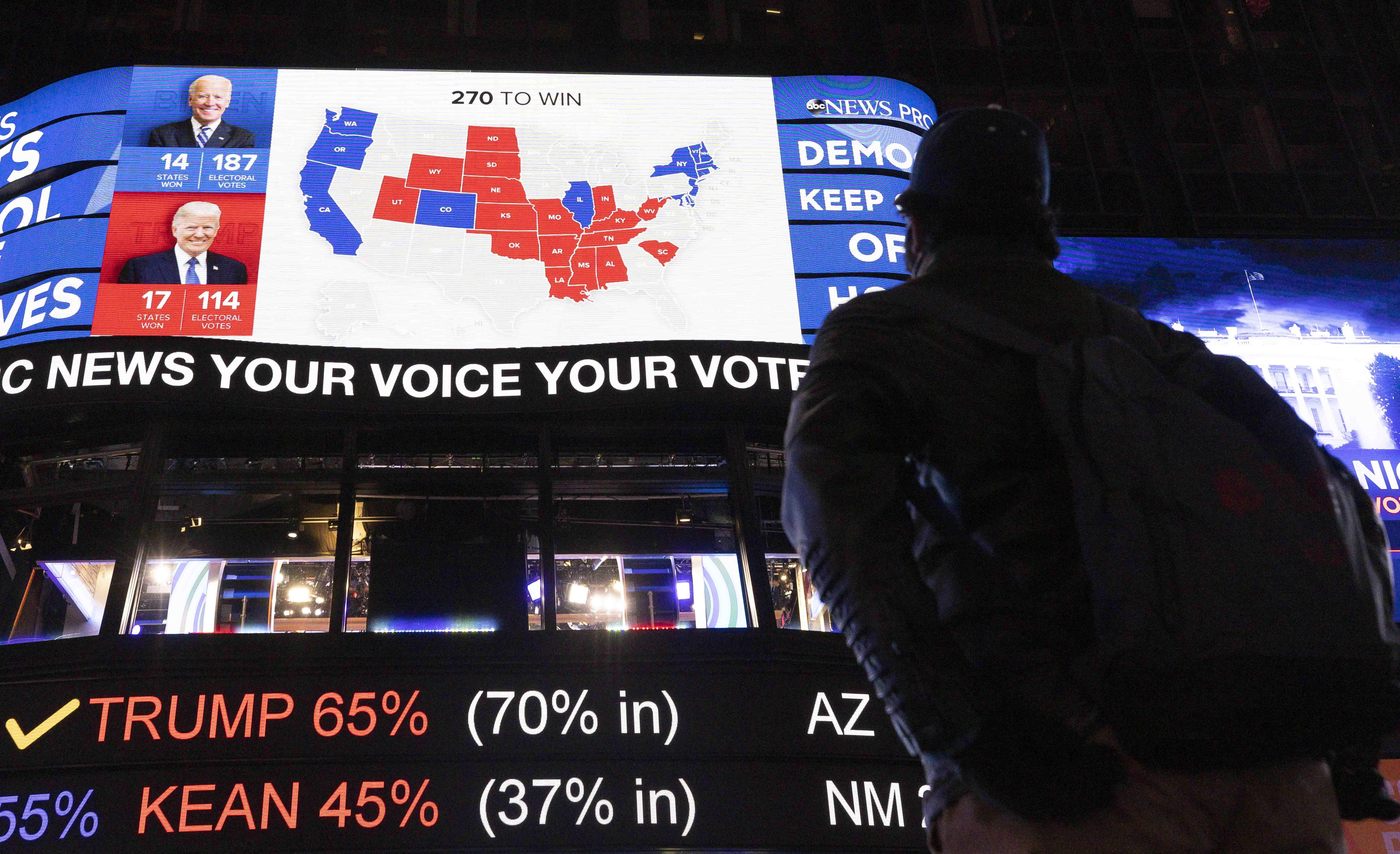 Personas en Nueva York siguen los reportes de votación en Times Square en Nueva York. (Foto Prensa Libre: EFE)