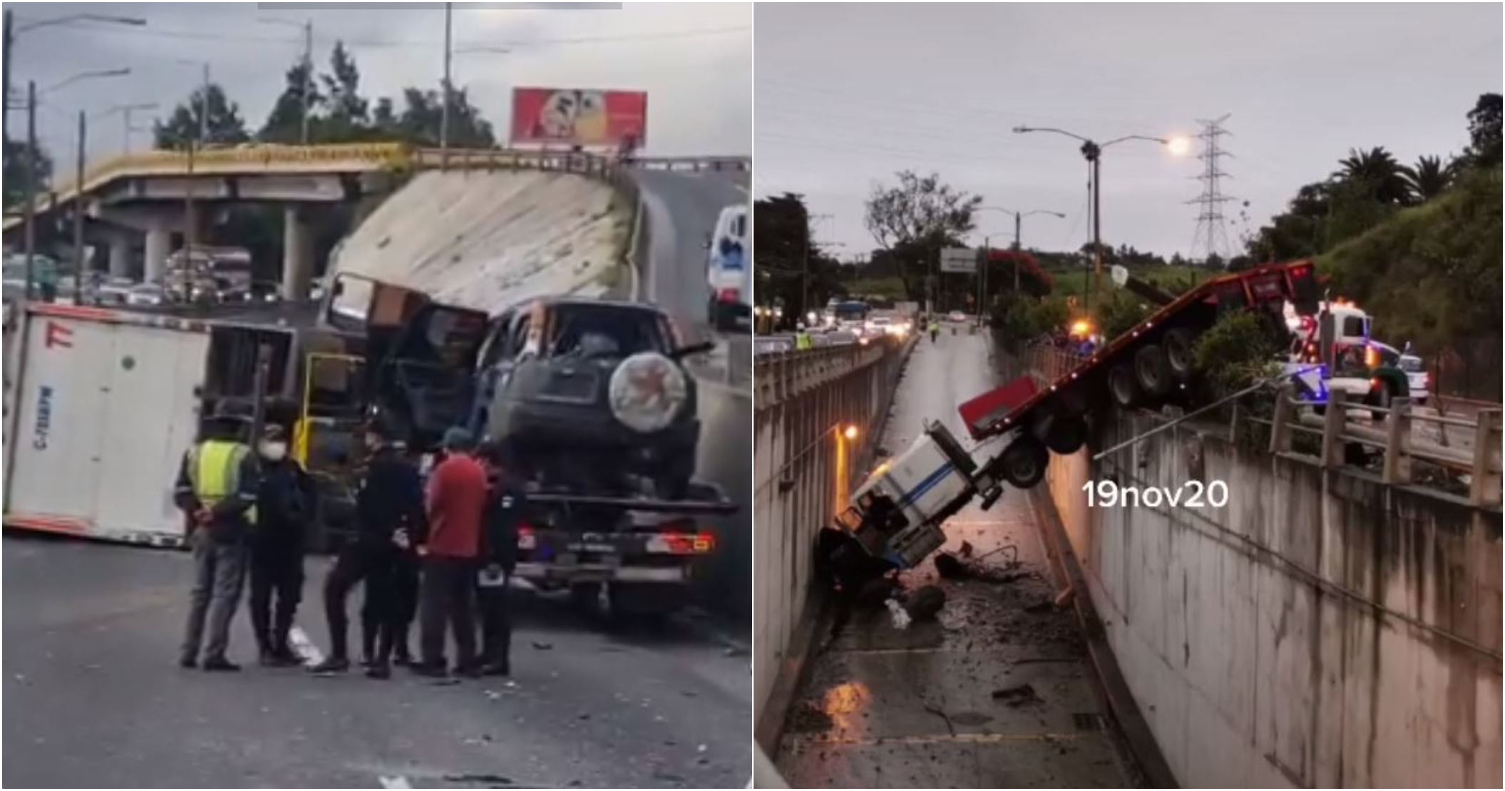 Dos tráileres complican el paso de vehículos en las rutas al Atlántico y Pacífico. (Foto Prensa Libre: PMT Villa Nueva y capital)